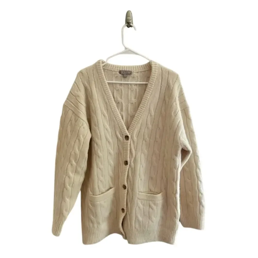 J Crew Relaxed Cable Knit Cardigan Sweater S M CB936 White J.Crew Prep 90s Y2K